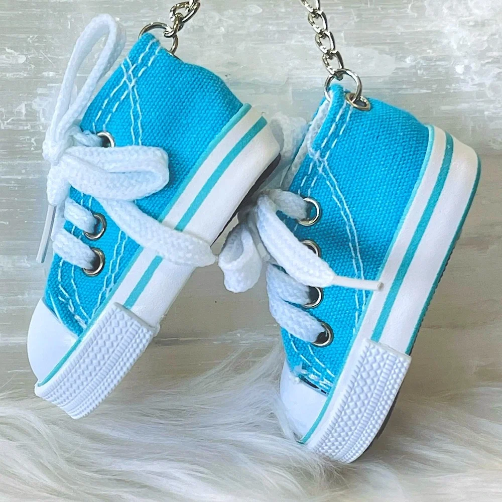 MINI SNEAKER KEYRINGS 2 LIGHT BLUE his & hers running shoes Athlete Trainers - Picture 1 of 4
